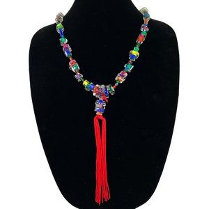 Long Vtg Furnace Art Glass Multicolored Beaded Necklace w Glass Spacers & Tassel